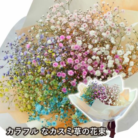 レインボーカラフルなカスミ草の花束 お祝用 | エーデルワイス【花の