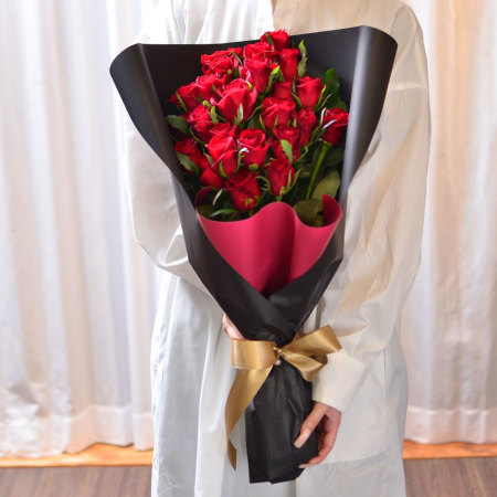 赤バラ25本ハッピー花束 赤いバラ25本の花束 赤いバラ(薔薇・ばら)の花束 | エーデルワイス【花
